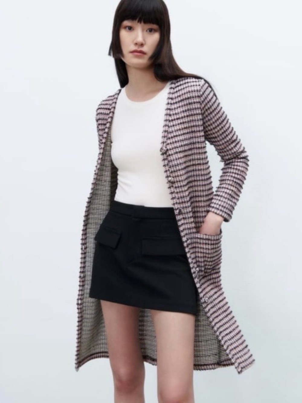 ZARA Tweed Knit Cardigan Dress Pink Black Medium